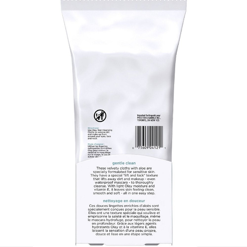 Olay Wet Cleansing Cloths on face for quick refreshing cleanse and makeup removal