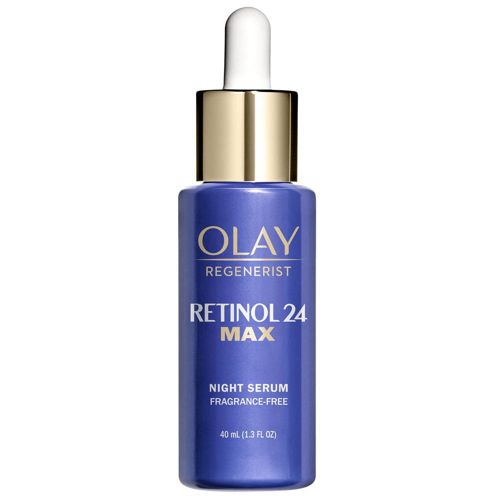 Olay Wrinkle Correction Serum drops application shows quick-absorb texture for nightly use.