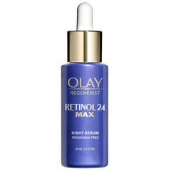 Olay Wrinkle Correction Serum drops application shows quick-absorb texture for nightly use.
