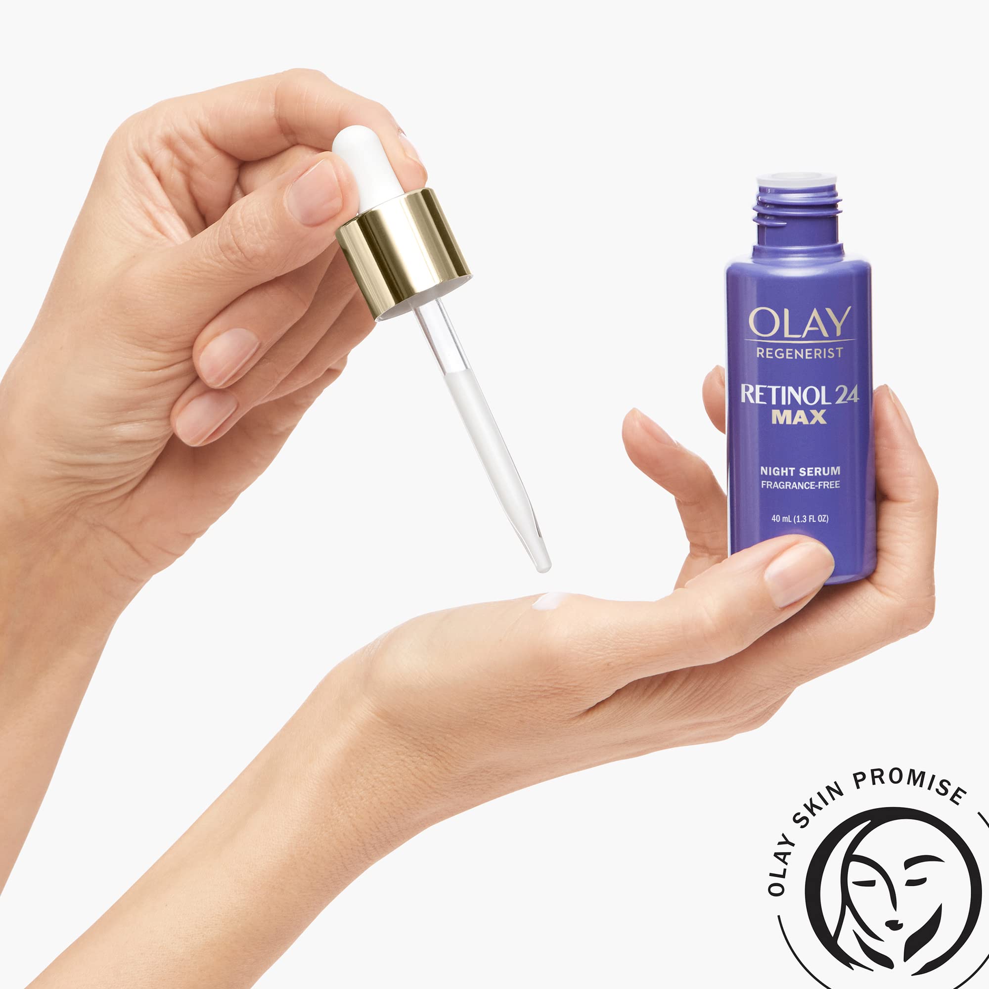Olay Wrinkle Correction Serum packaging front highlights fragrance-free, non-greasy formula for daily use.