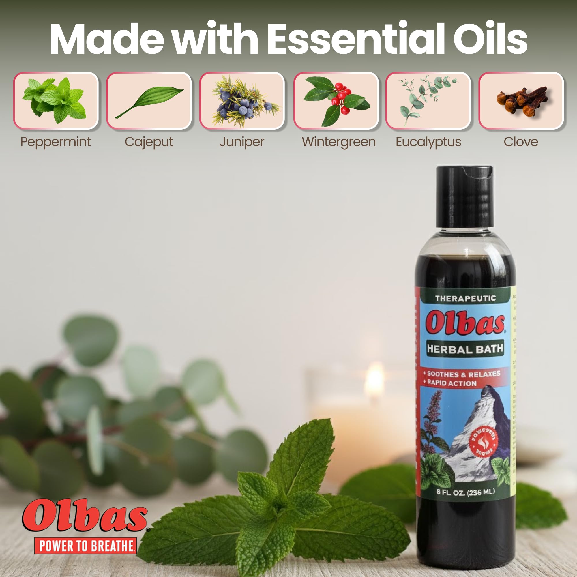 Olbas Essential Oils Swirl highlights invigorating scent and soothing sensation.