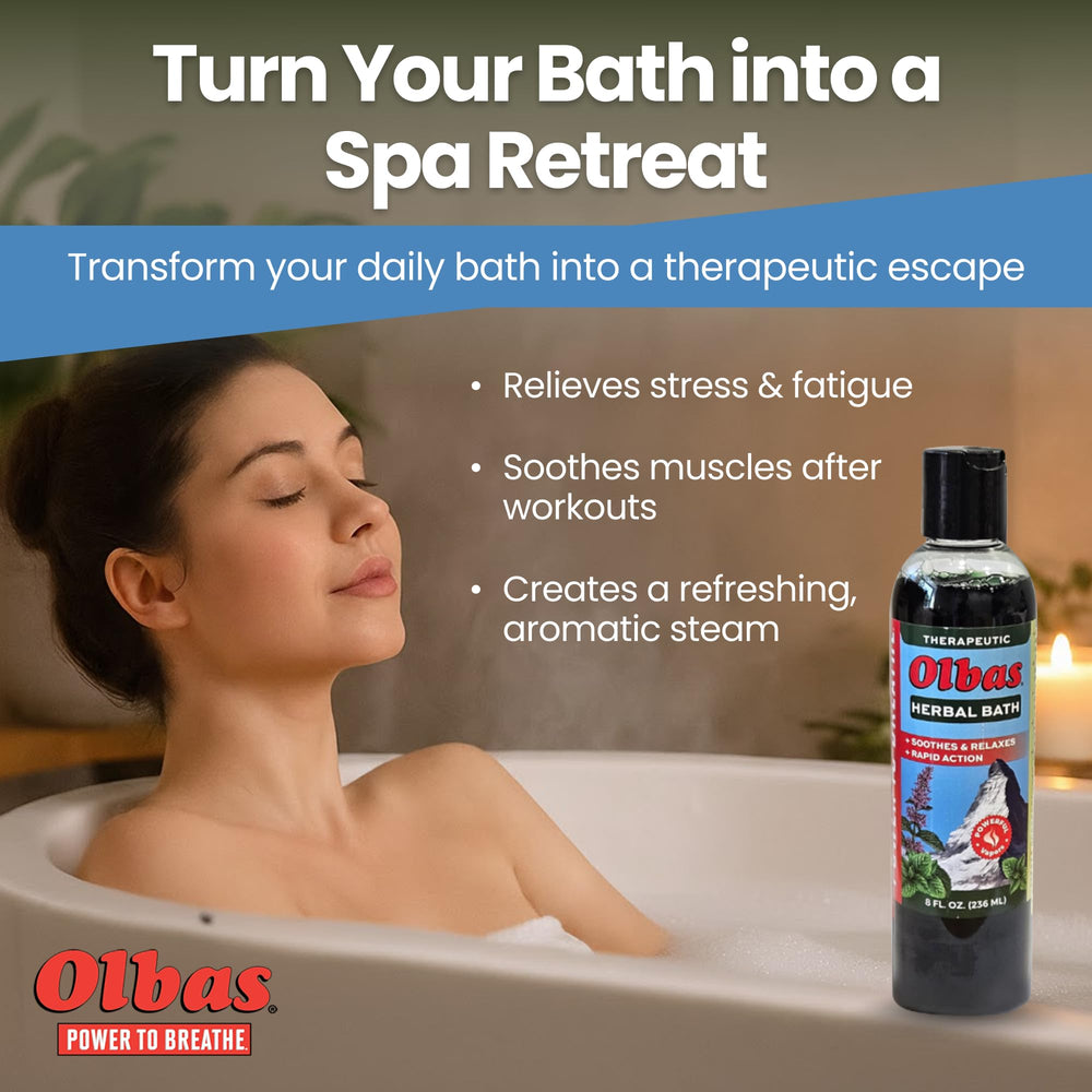 Olbas Herbal Bath bubbles create a spa-like soak with aromatic scent.