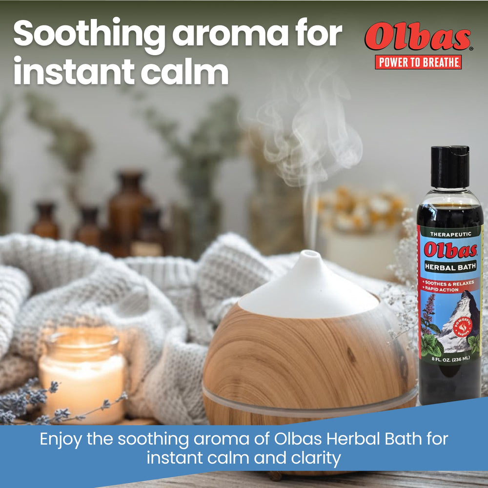 Olbas Relaxing-Bath-Ritual captures calm, spa-inspired self-care moments.