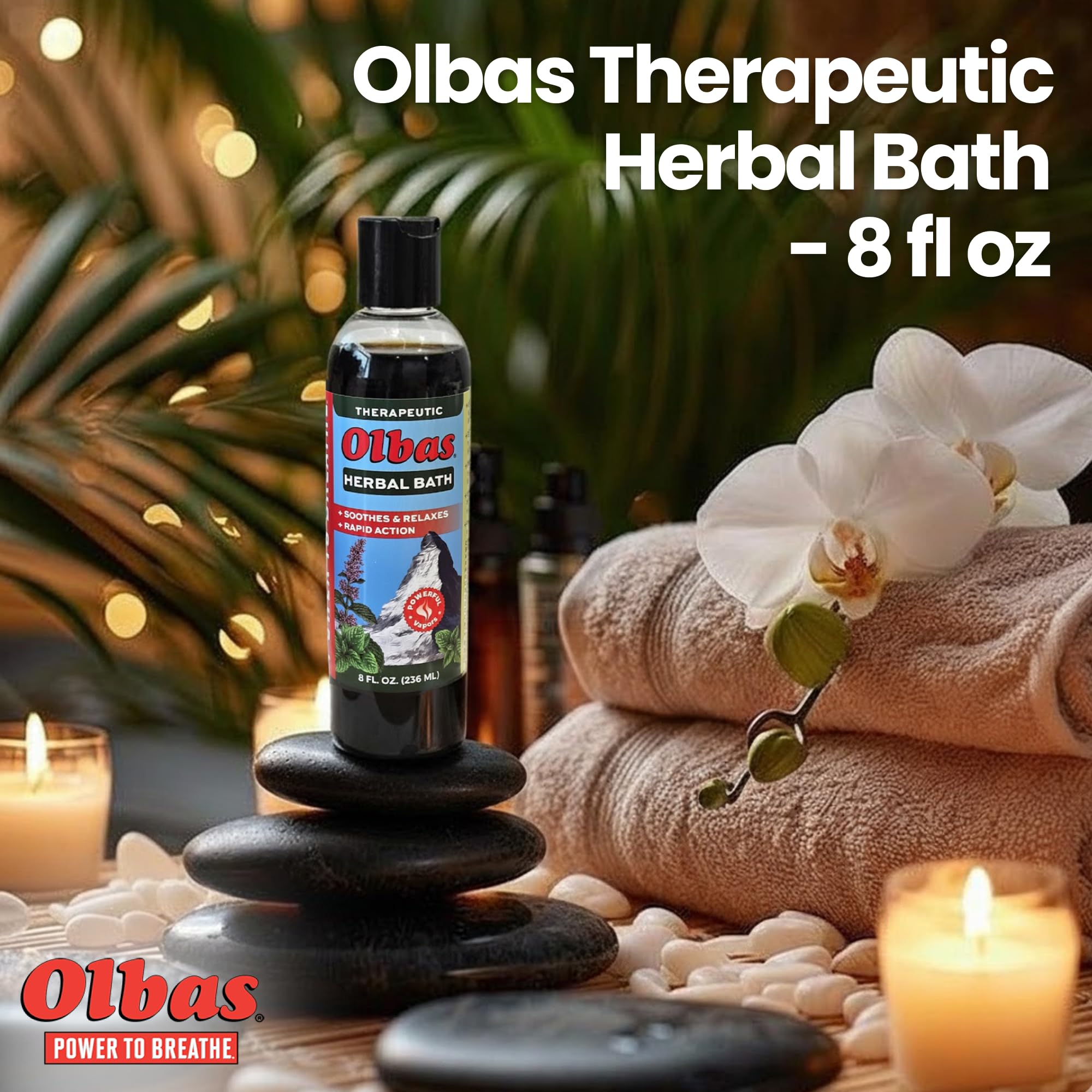 Olbas Shower Body Wash spa-scene demonstrates versatile use in bath or shower.