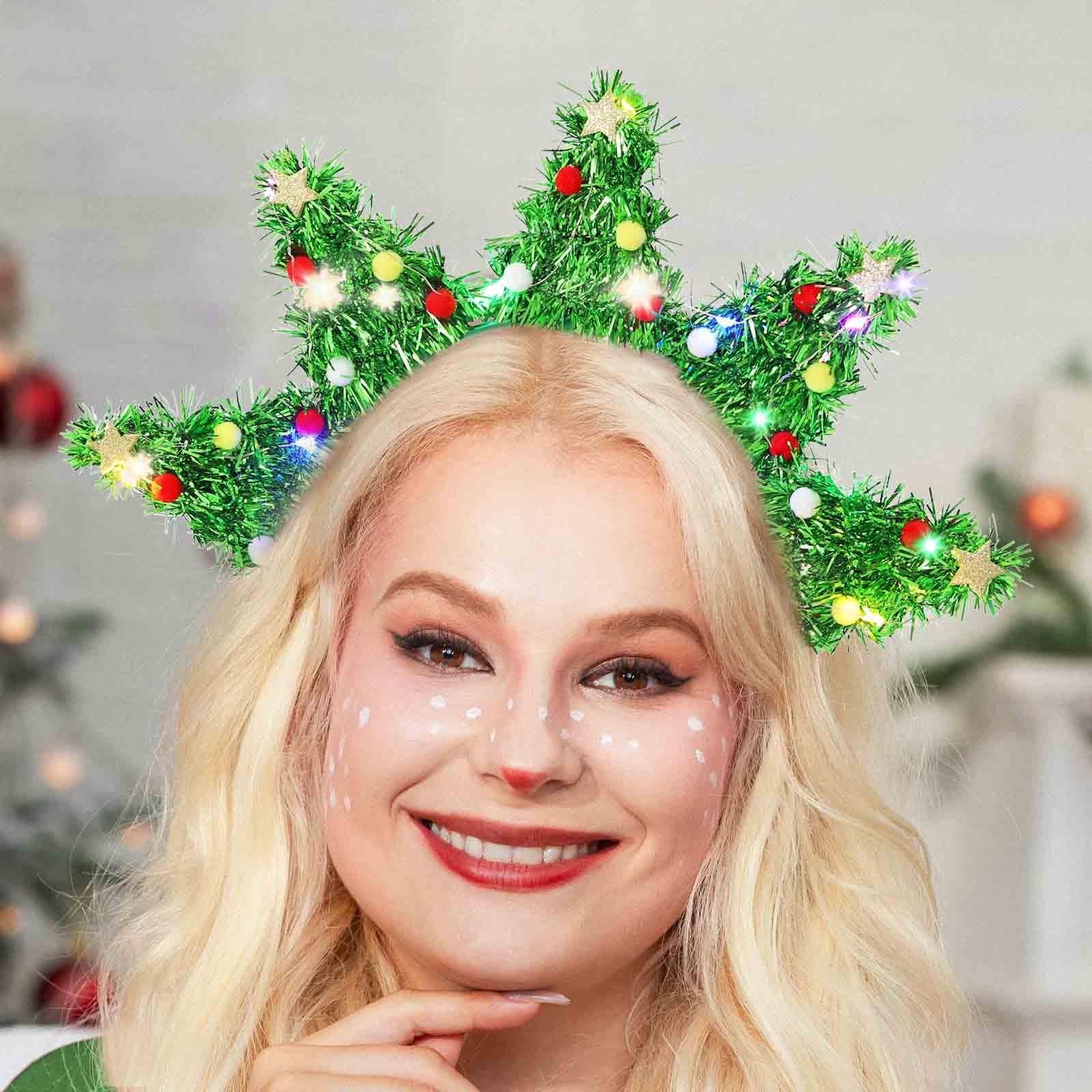Olbye LED Christmas Tree Headband closeup shows soft fabric and colorful lights for festive photos.