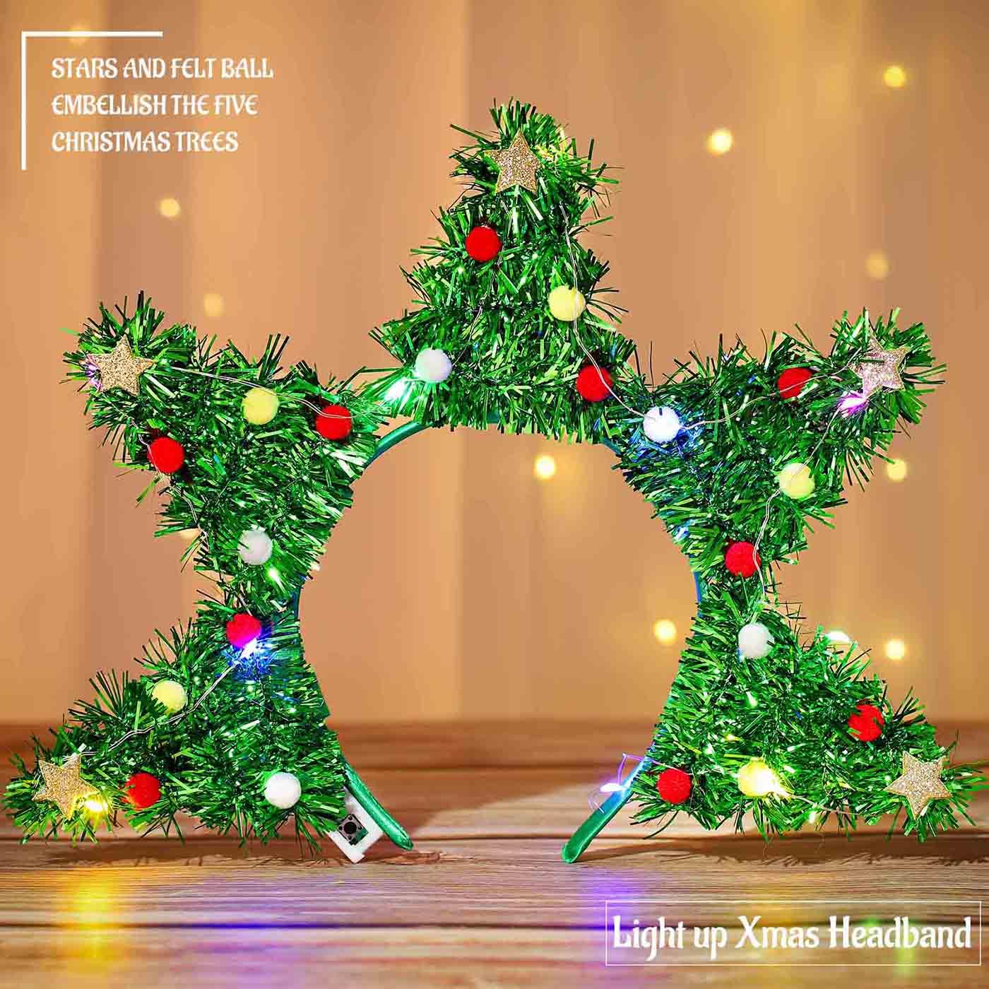 Olbye LED Christmas Tree Headband worn on head for comfortable holiday glow during parties.