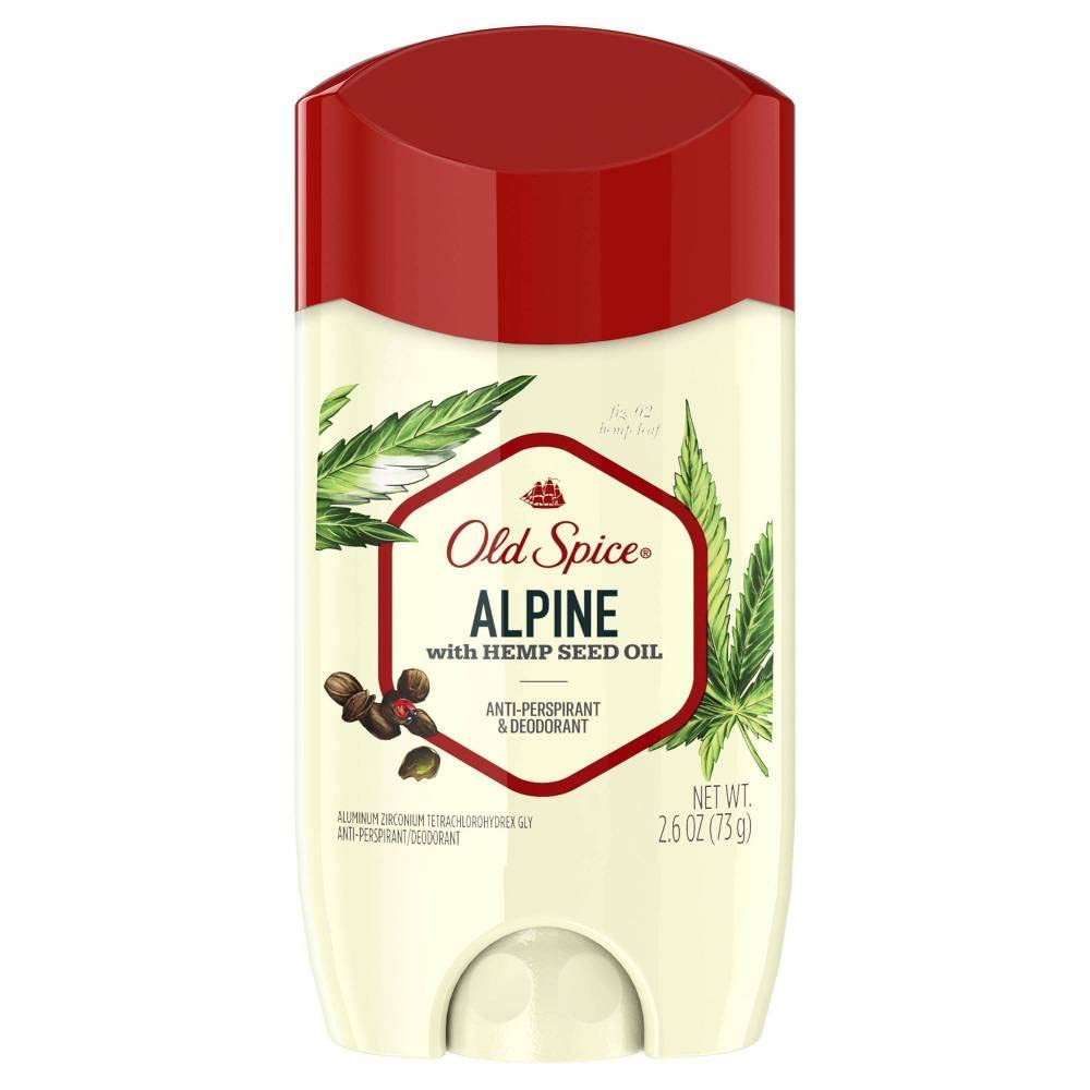 Old Spice Alpine hemp seed oil ingredient detail emphasizes nourishing care.