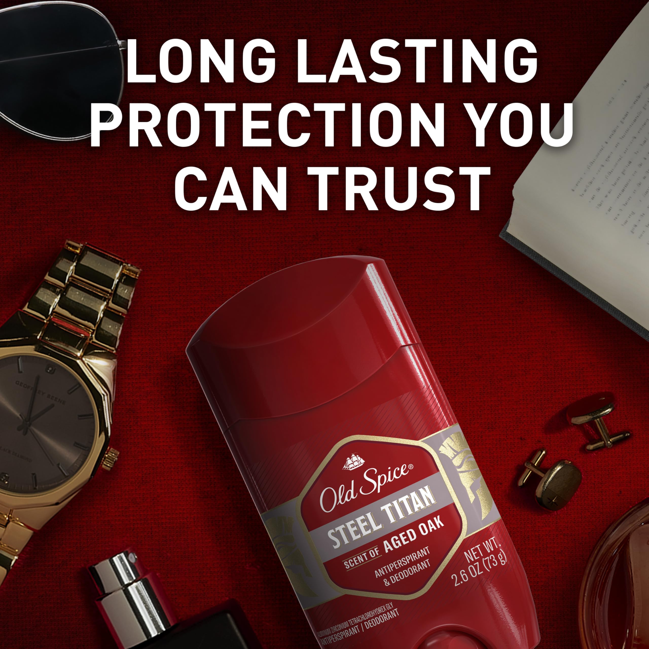 Old Spice antiperspirant pack6 steel titan scent label showcases long-lasting masculine fragrance.