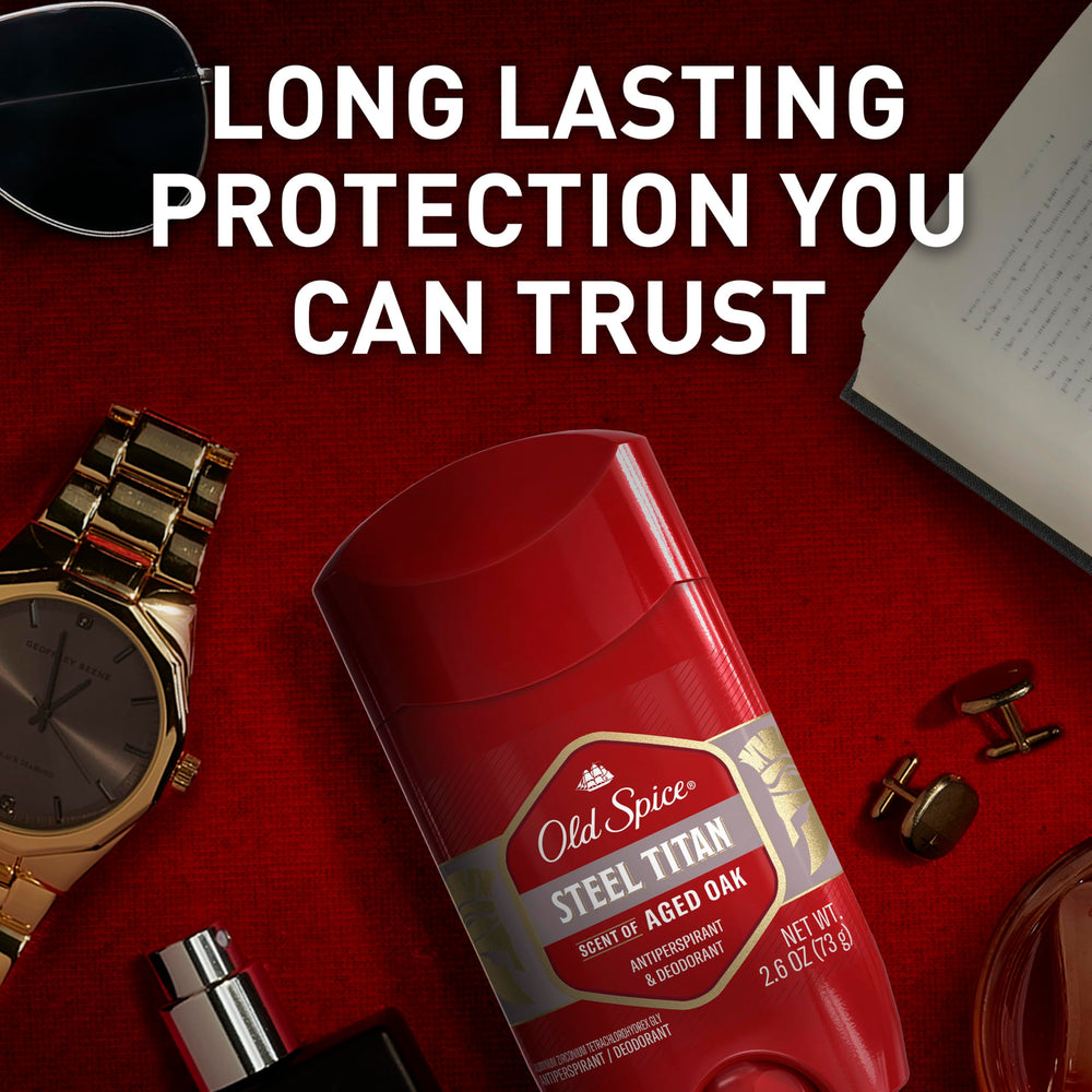 Old Spice antiperspirant pack6 steel titan scent label showcases long-lasting masculine fragrance.