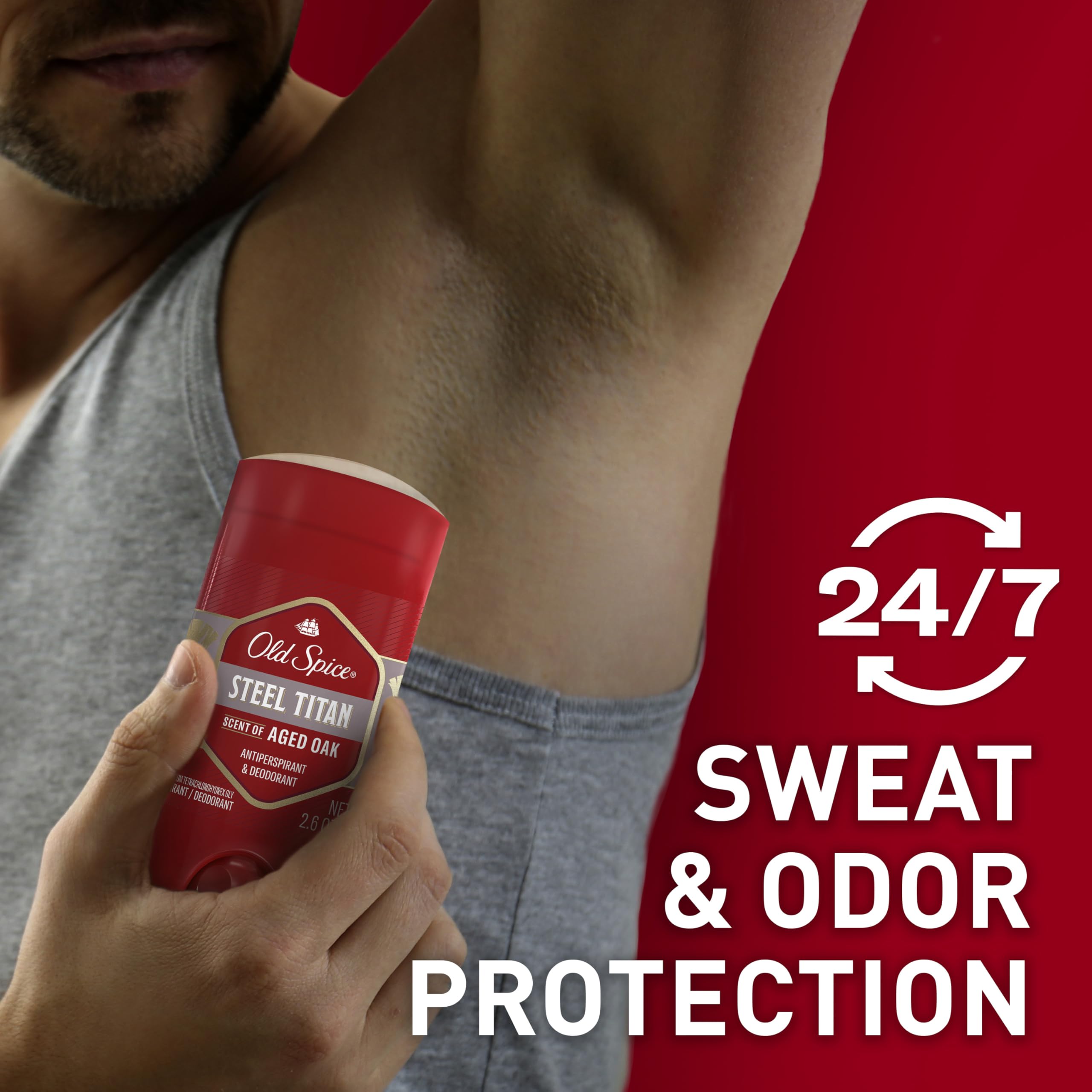 Old Spice antiperspirant pack6 titan steel application swipe demonstrates quick drying underarms.