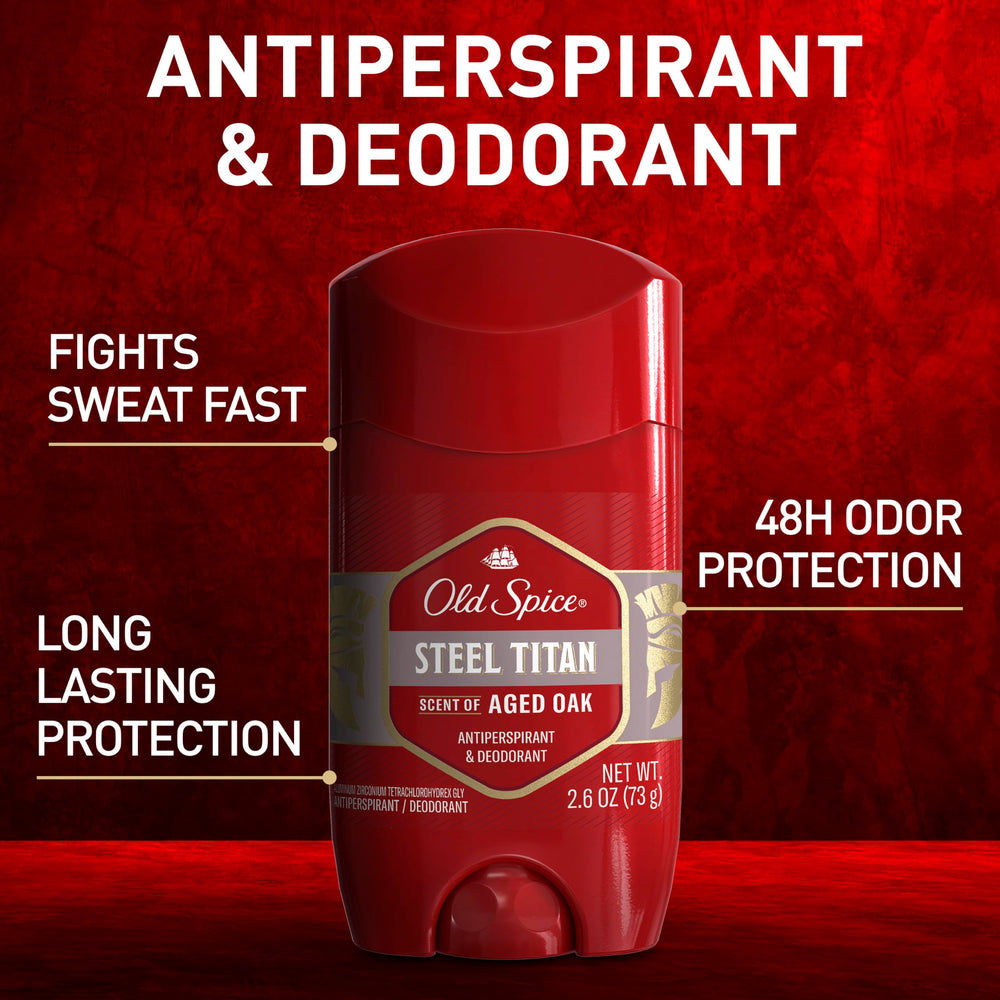 Old Spice antiperspirant pack6 titan steel bottle closeup highlights invisible solid protection.