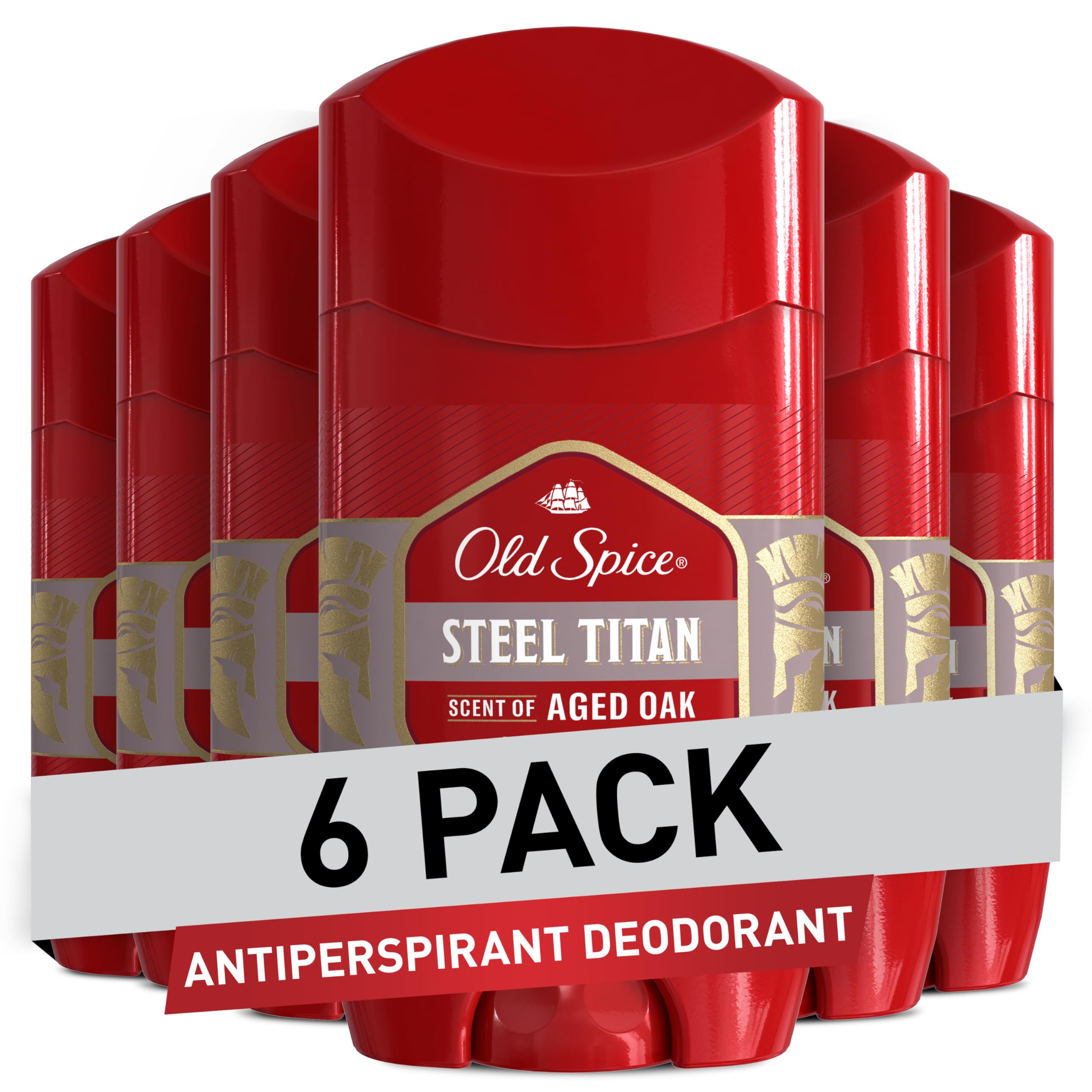Old Spice antiperspirant pack6 titan steel front shows all-day protection against sweat and odor.