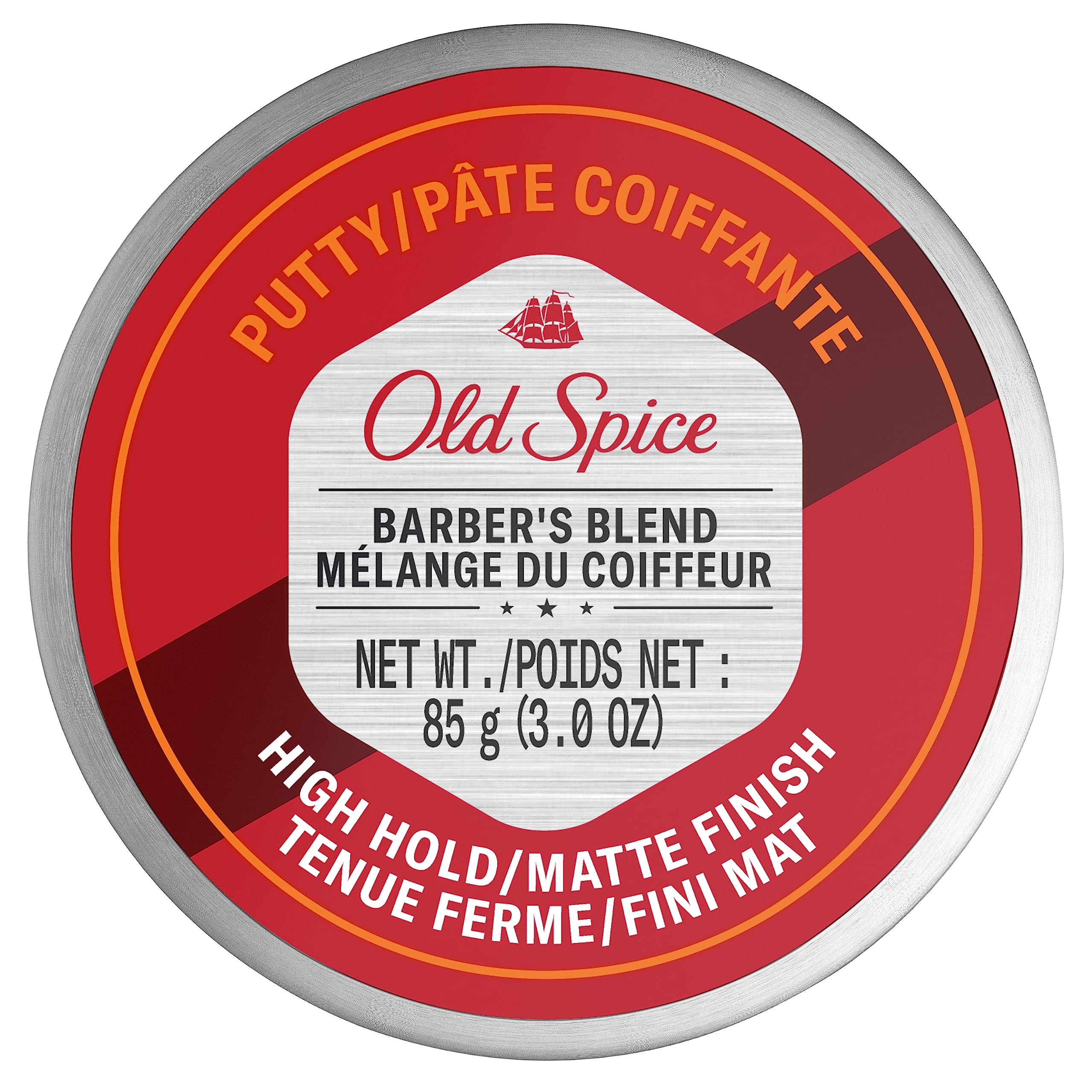 Old Spice Barber's Blend Putty tub closeup shows high hold and matte finish.