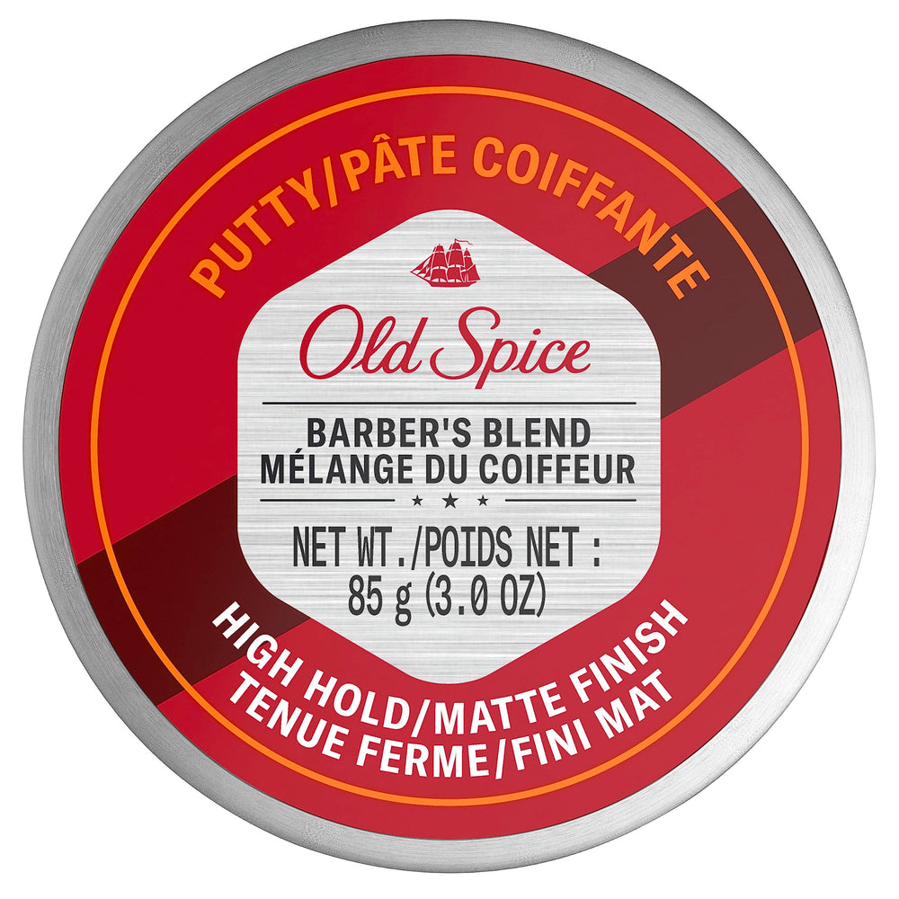 Old Spice Barber's Blend Putty tub closeup shows high hold and matte finish.