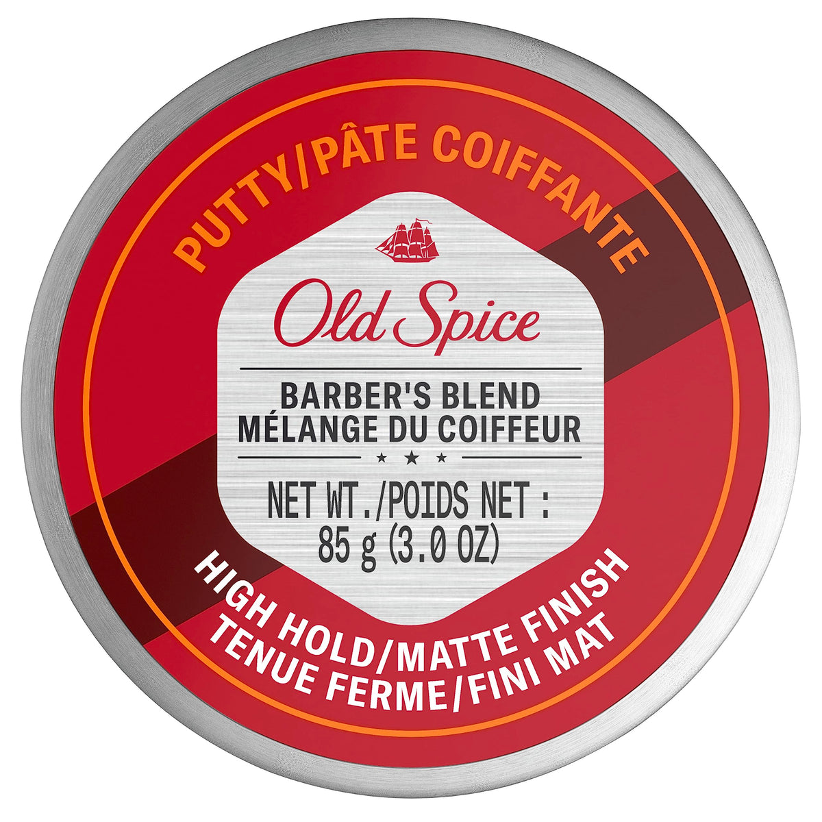 Old Spice Barber's Blend Putty tub closeup shows high hold and matte finish.
