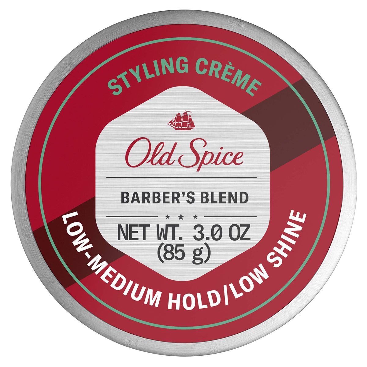 Old Spice Barbers Blend styling cream puck on counter delivers easy grooming and natural hold.