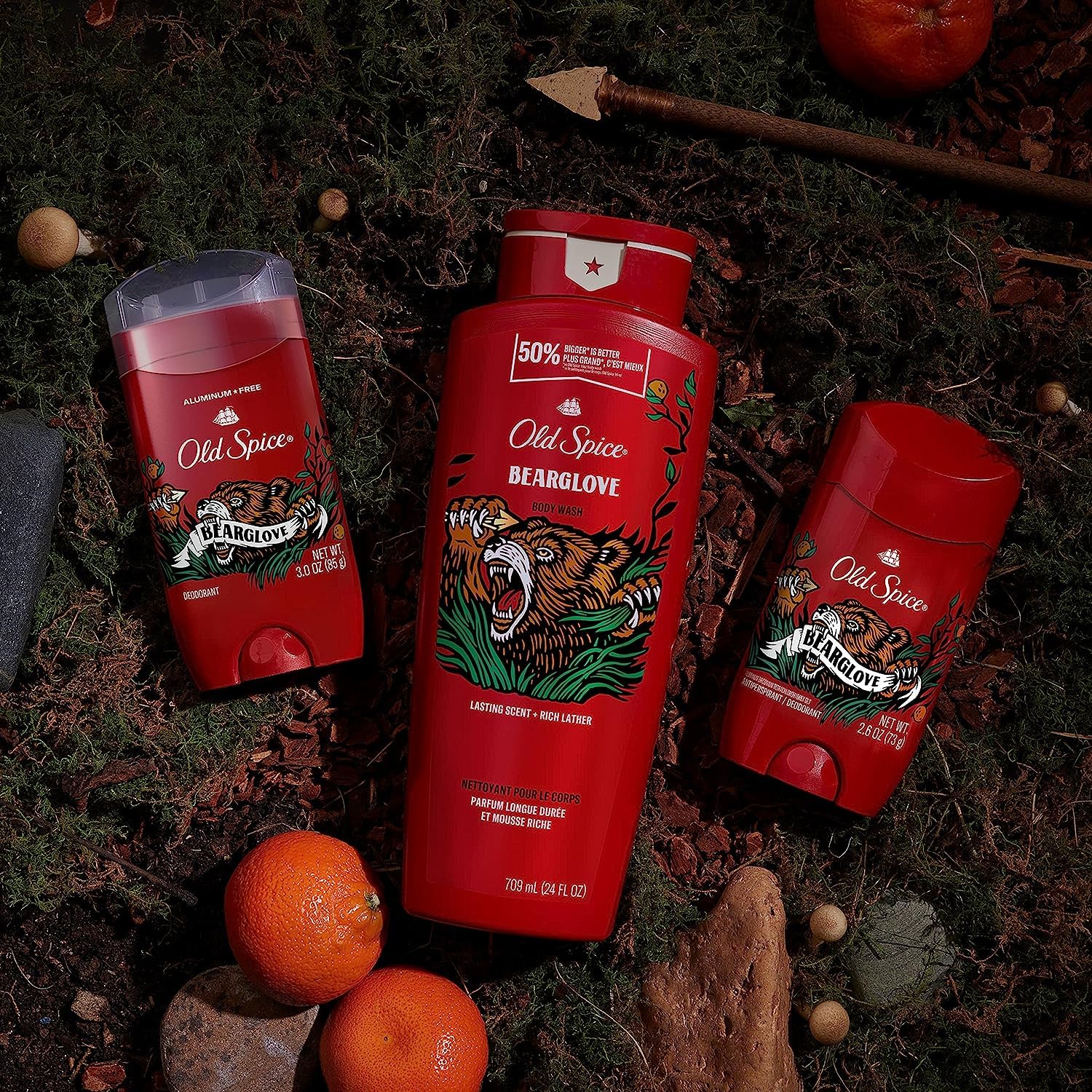 Old Spice Bearglove deodorant packaging displays three sticks and a travel-size Swagger wash.