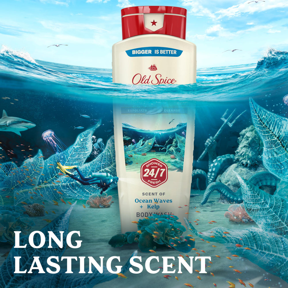 Old Spice Bottle foam application shows rich lather for full-body cleansing.