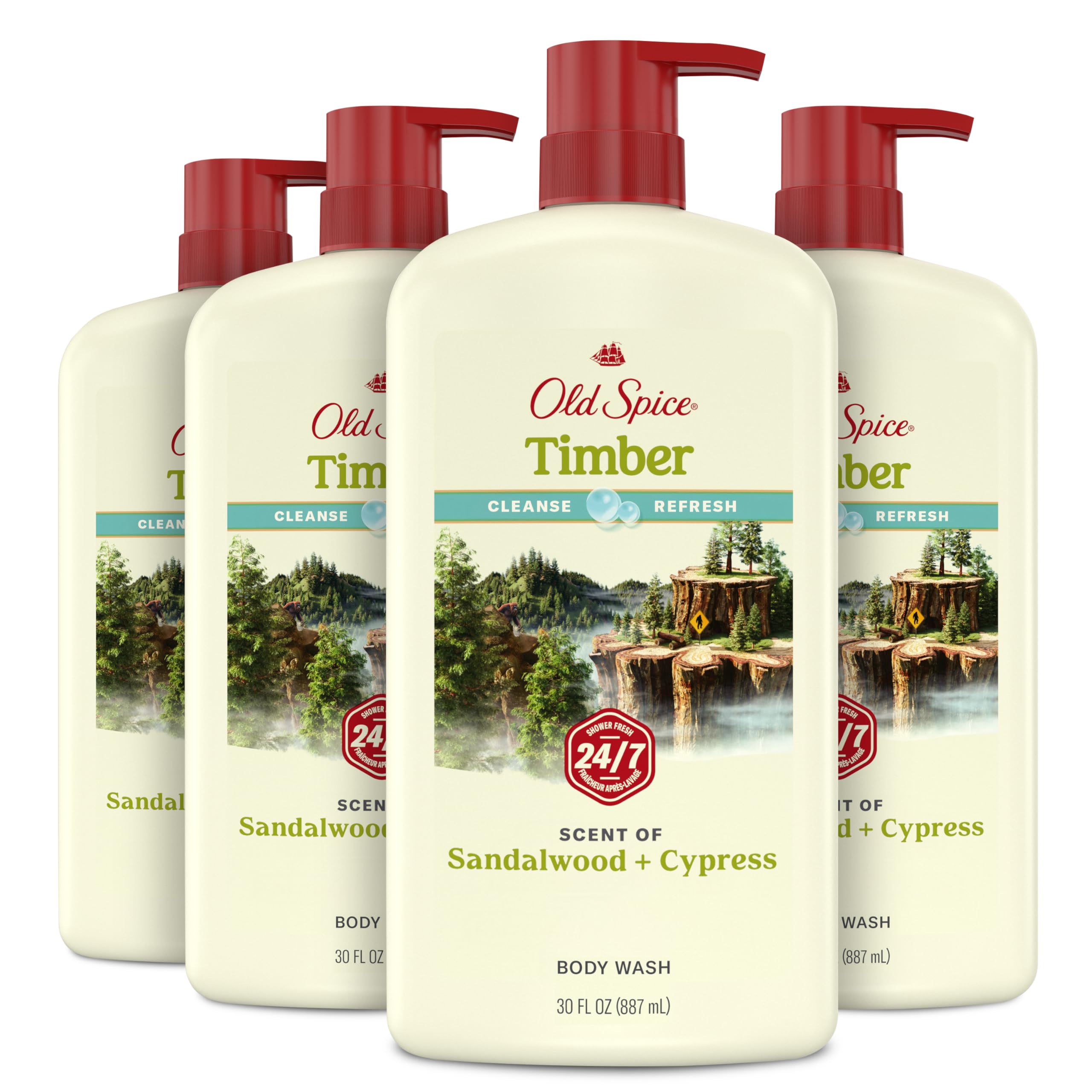 Old Spice Timber bottle front demonstrates rugged freshness for daily shower rituals