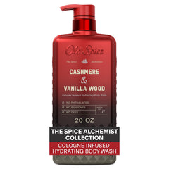 Old Spice bottle front packaging showing Cashmere & Vanilla Wood scent and easy-grip design