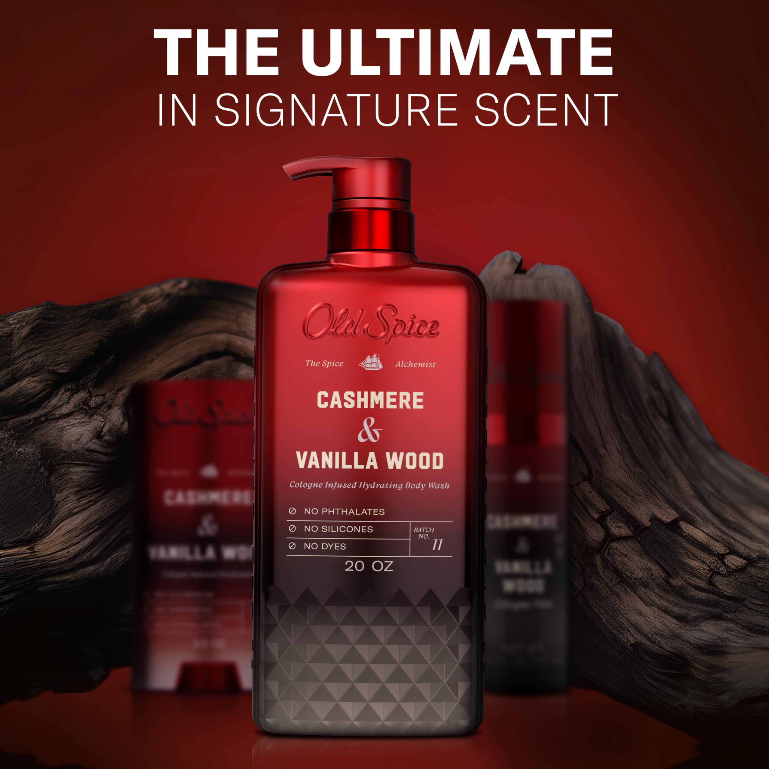 Ingredients panel of Old Spice bottle highlighting no phthalates or dyes for peace of mind
