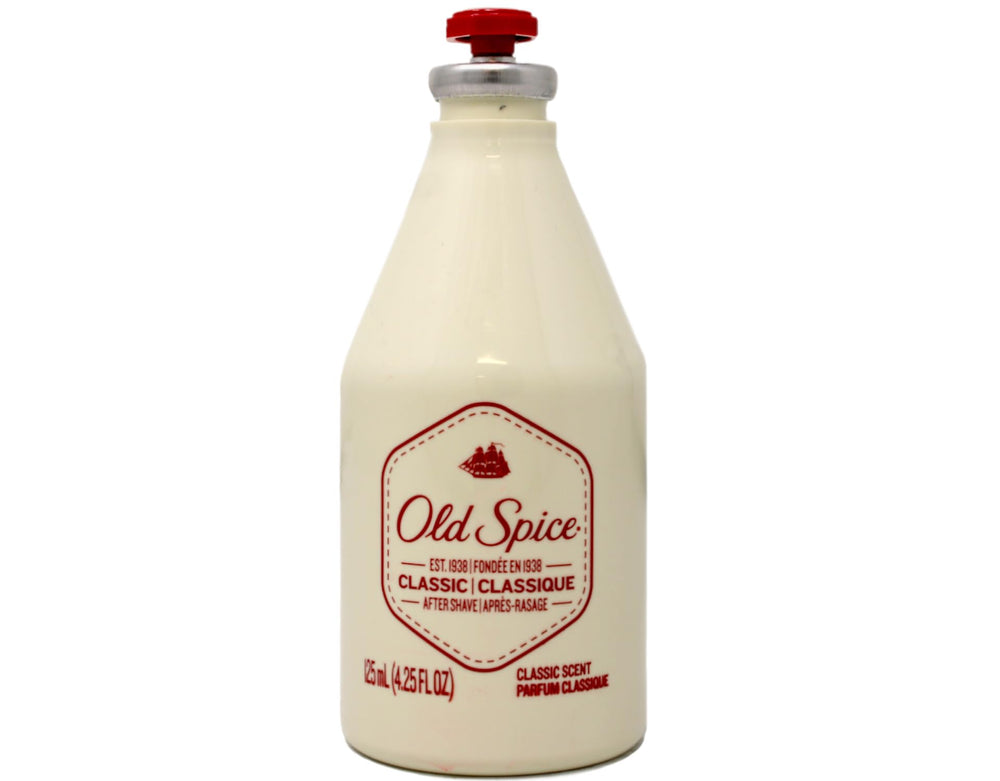 Old Spice Classic glass bottle on counter with masculine packaging