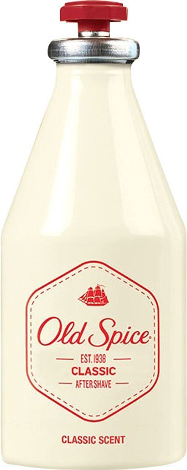 Old Spice Classic after shave label close-up highlights musk-spice-citrus scent for confident skin refresh.