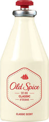 Old Spice Classic after shave label close-up highlights musk-spice-citrus scent for confident skin refresh.
