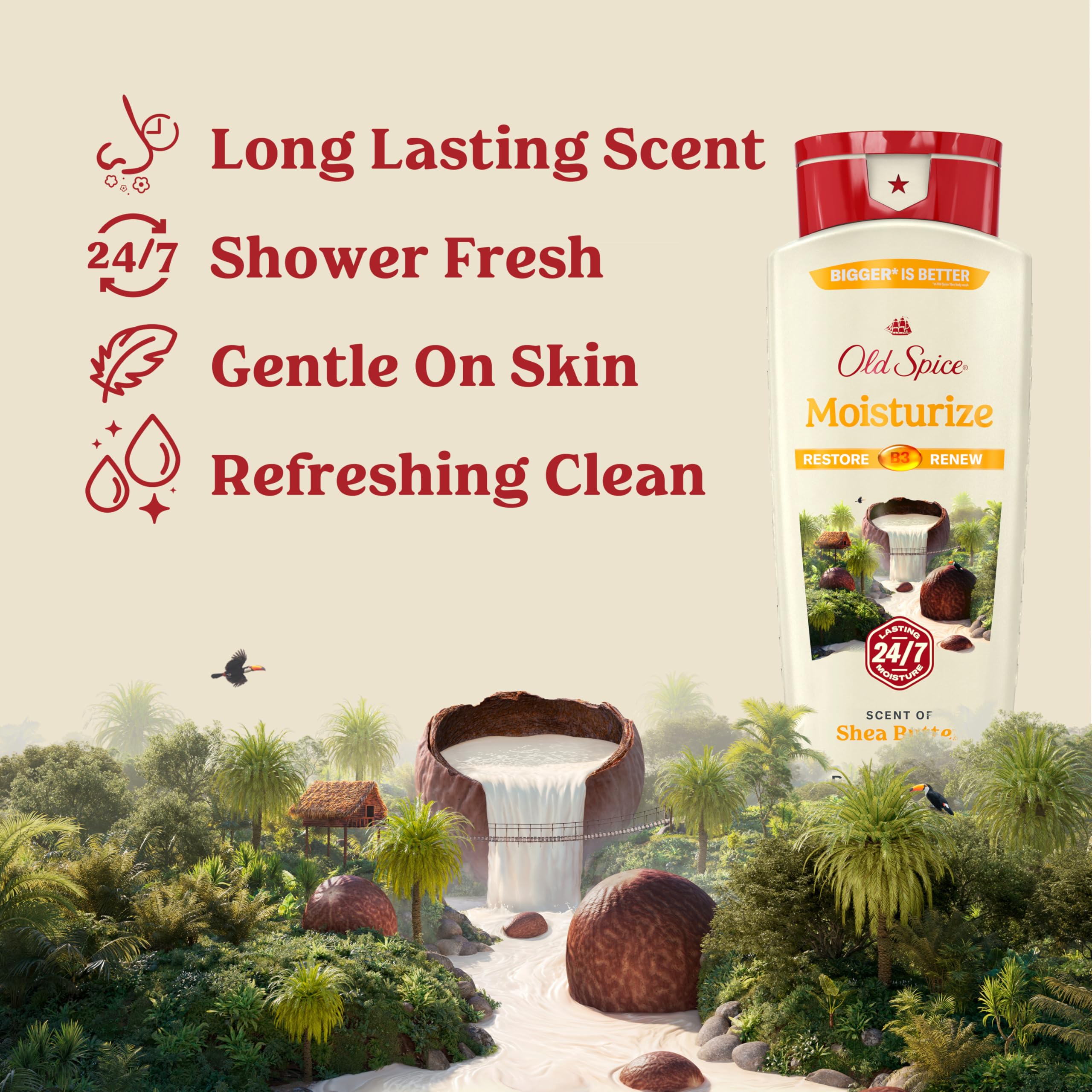 Old Spice cleansing body wash for men bottle label back noting Vitamin B3 and hydration.
