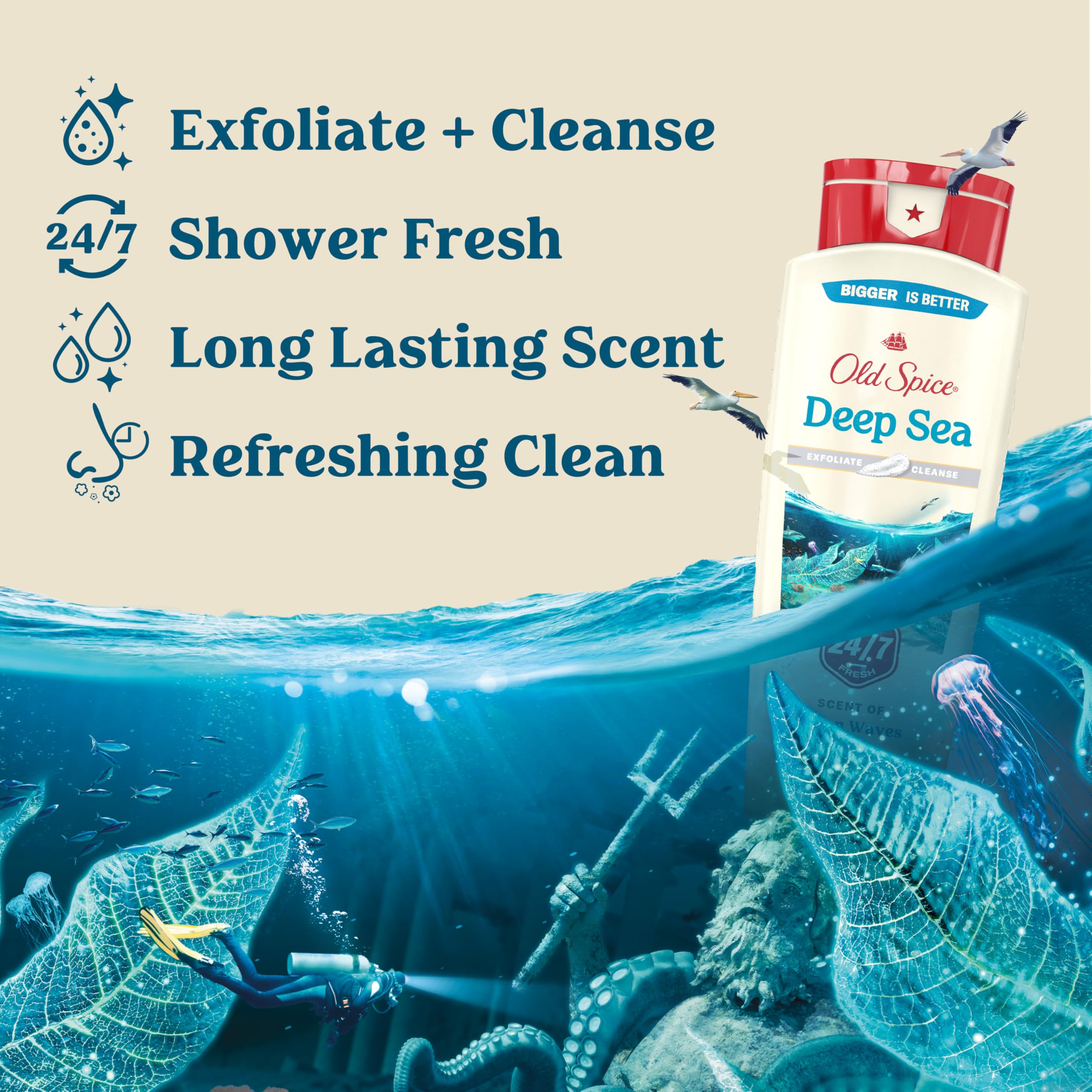Old Spice Deep Sea Minerals splash evokes ocean freshness for morning routine.