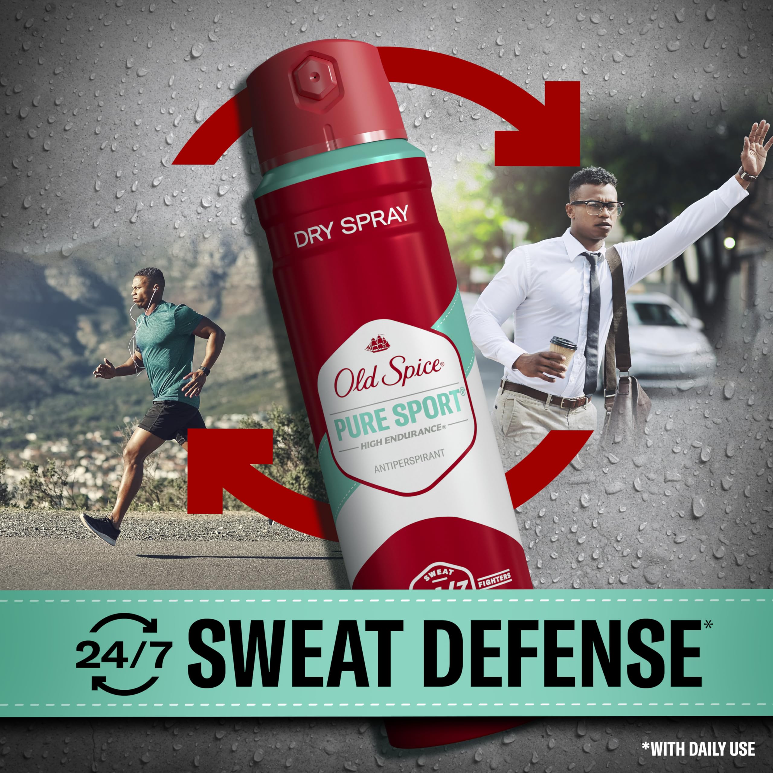 Old Spice high endurance dry-application spray close-up on skin.