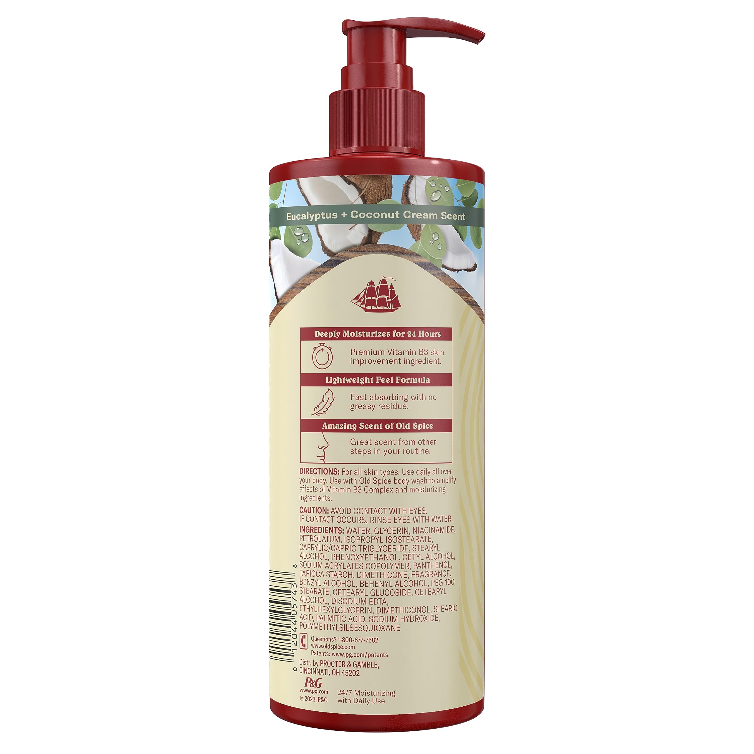 Close-up of eucalyptus coconut cream scent on Old Spice packaging.