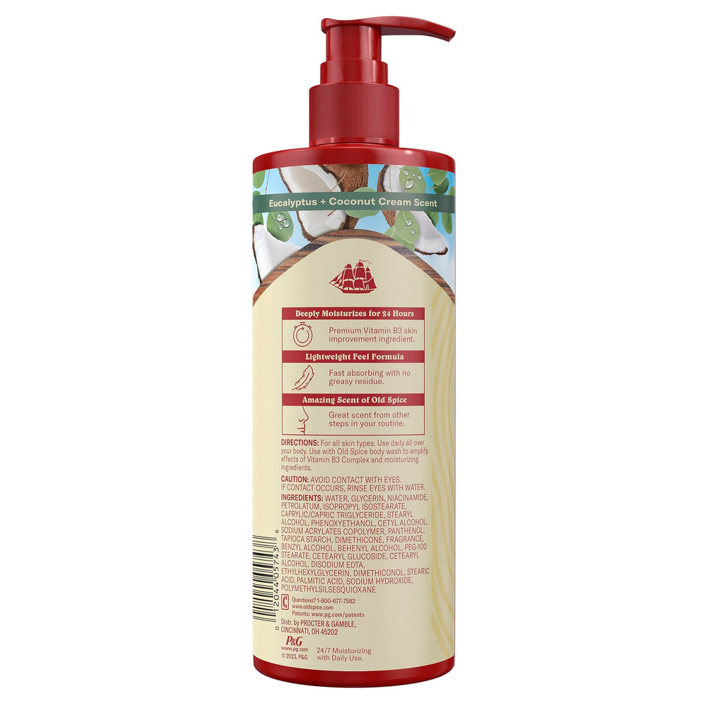 Close-up of eucalyptus coconut cream scent on Old Spice packaging.