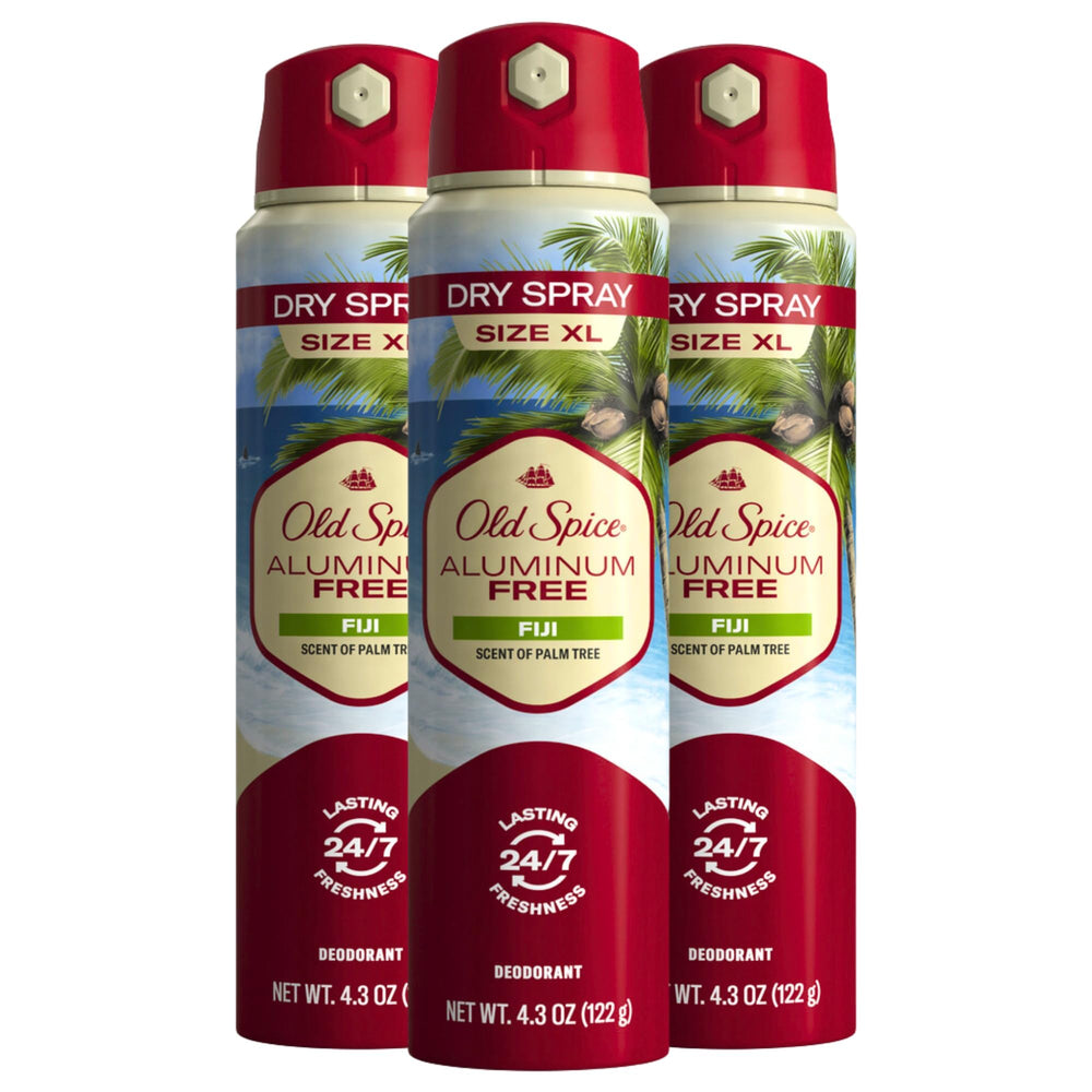 Old Spice Fiji aluminum-free dry spray bottle for long-lasting freshness.