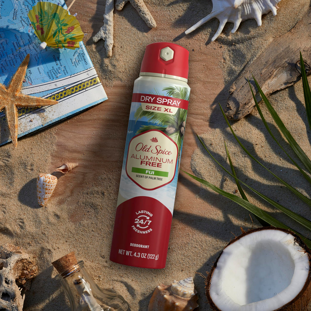 Old Spice Fiji dry spray features tropical palm-tree scent for refreshing mood.