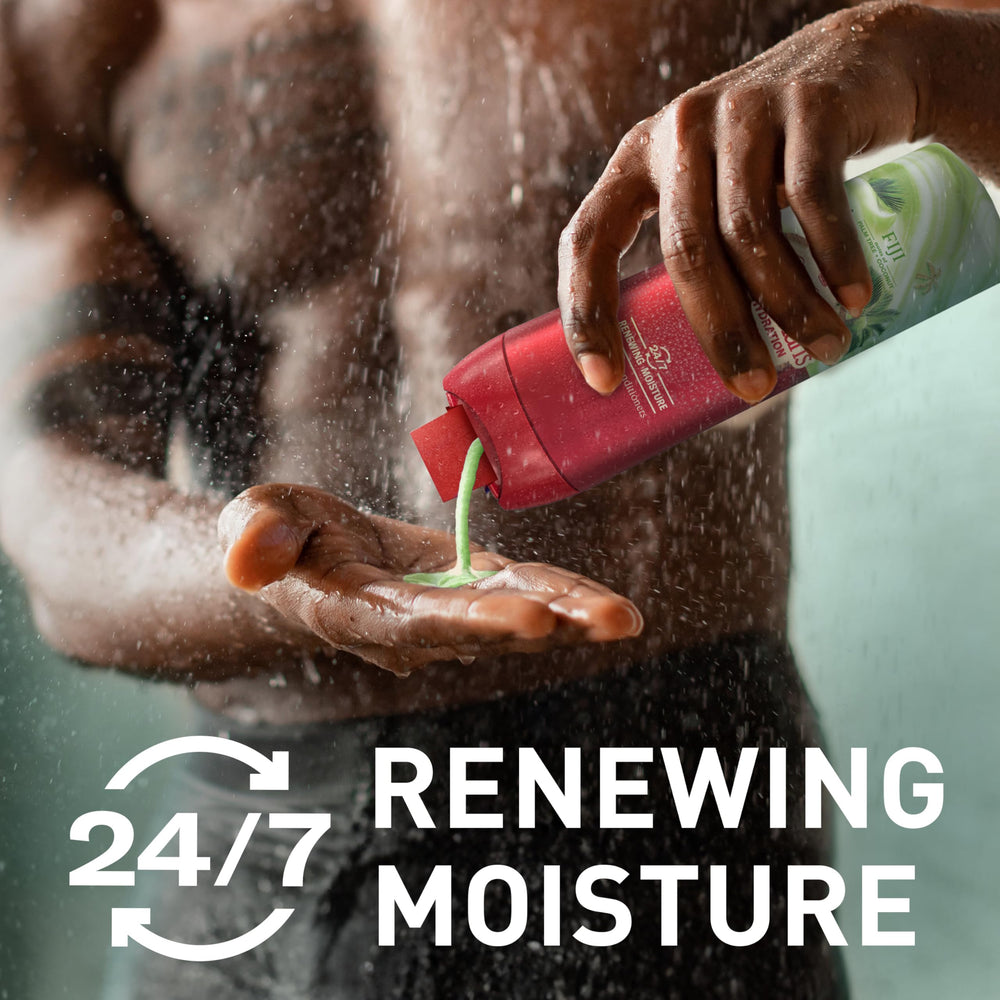 Old Spice Fiji Palm Tree Coconut bottle highlights tropical scent during shower.