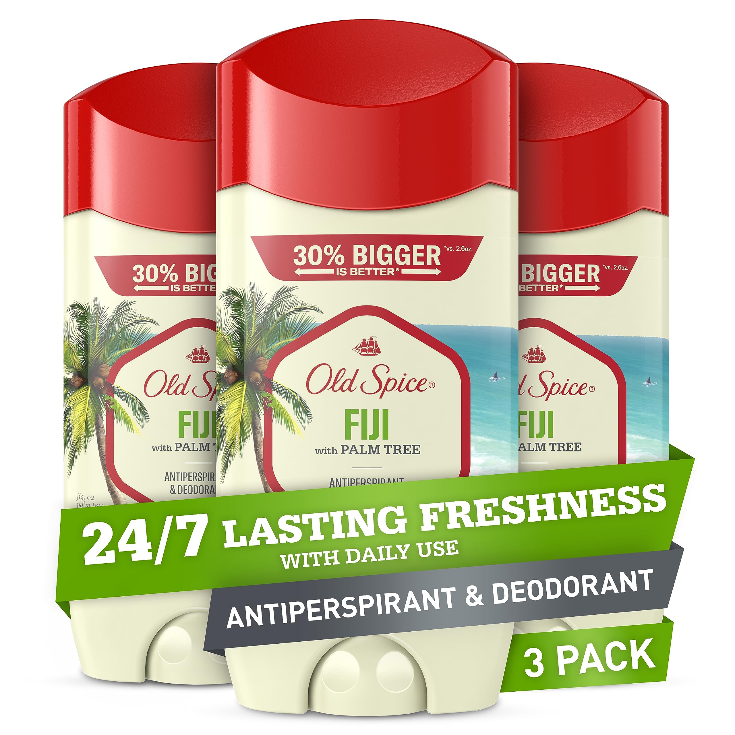 Old Spice Fiji bottle closeup shows invisible solid protection for all-day freshness
