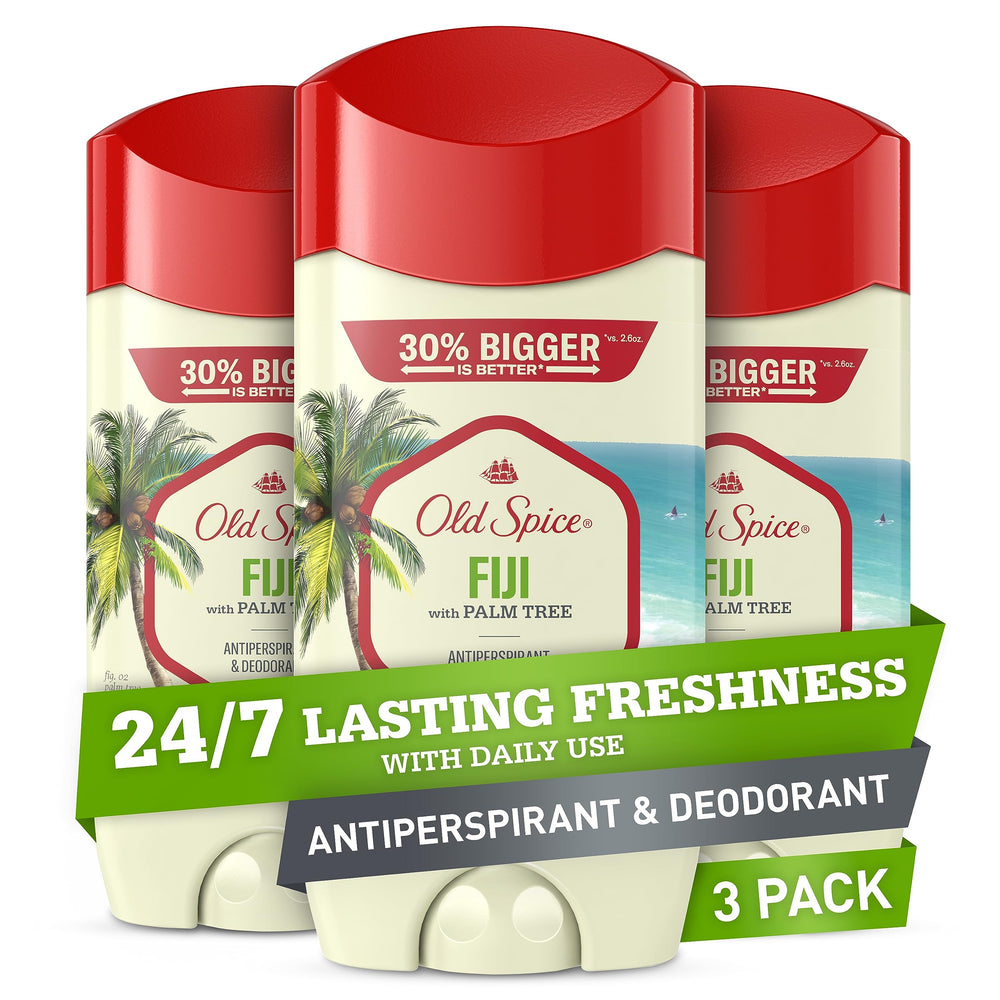 Old Spice Fiji bottle closeup shows invisible solid protection for all-day freshness