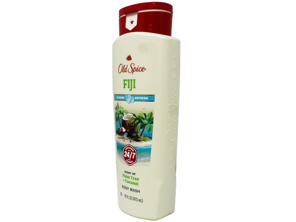 Old Spice Fiji scent tropical label closeup emphasizes island-inspired fragrance.