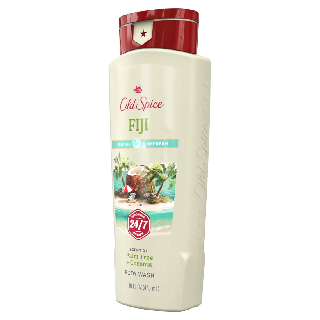 Old Spice Fresher Fiji bottle closeup with tropical scent for weekend-worthy post-shower energy