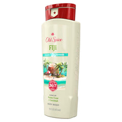 Old Spice Fresher Fiji bottle closeup with tropical scent for weekend-worthy post-shower energy
