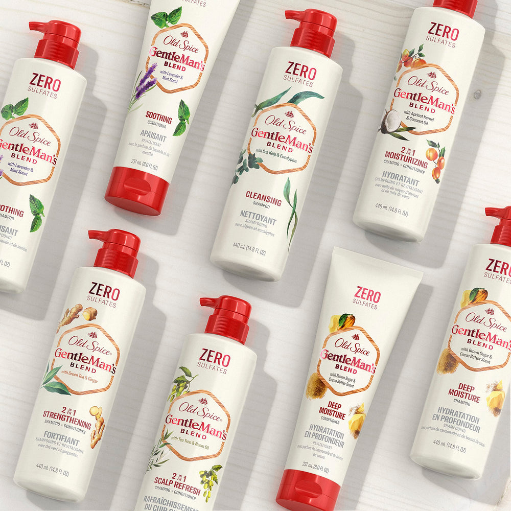 Old Spice Gentlemans Blend shampoo splash on hair with lavender mint notes awakening scalp
