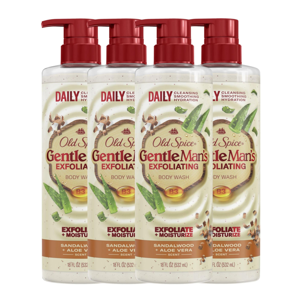 Old Spice GentleMan's Collection exfoliating wash bottle with sandalwood scent for a refreshing shower experience.