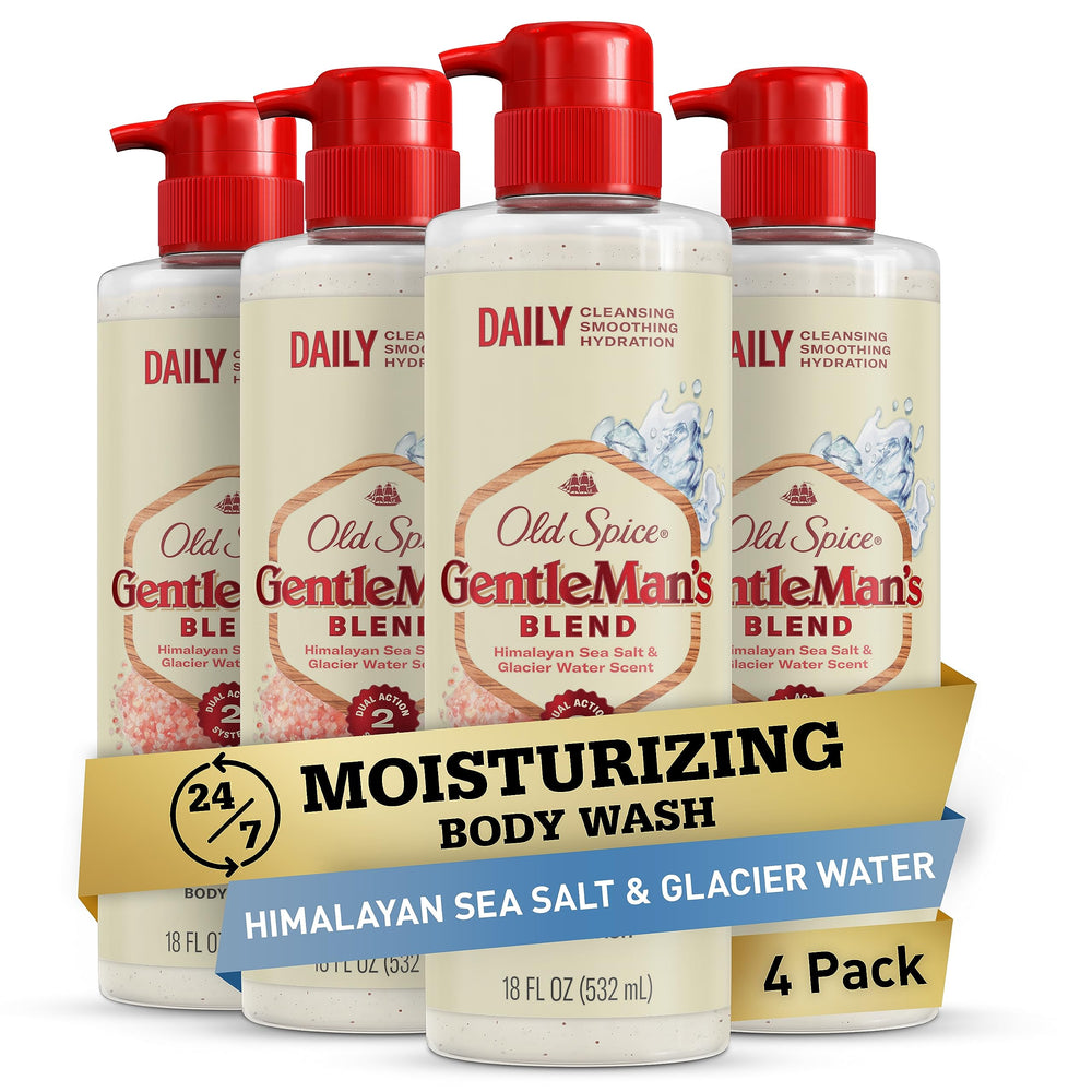 Old Spice Gentleman's Exfoliating Body Wash bottle pour highlighting 24/7 freshness and exfoliation.