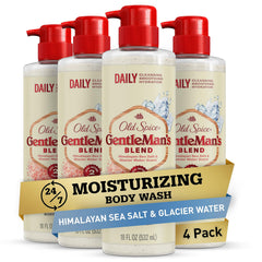 Old Spice Gentleman's Exfoliating Body Wash bottle pour highlighting 24/7 freshness and exfoliation.