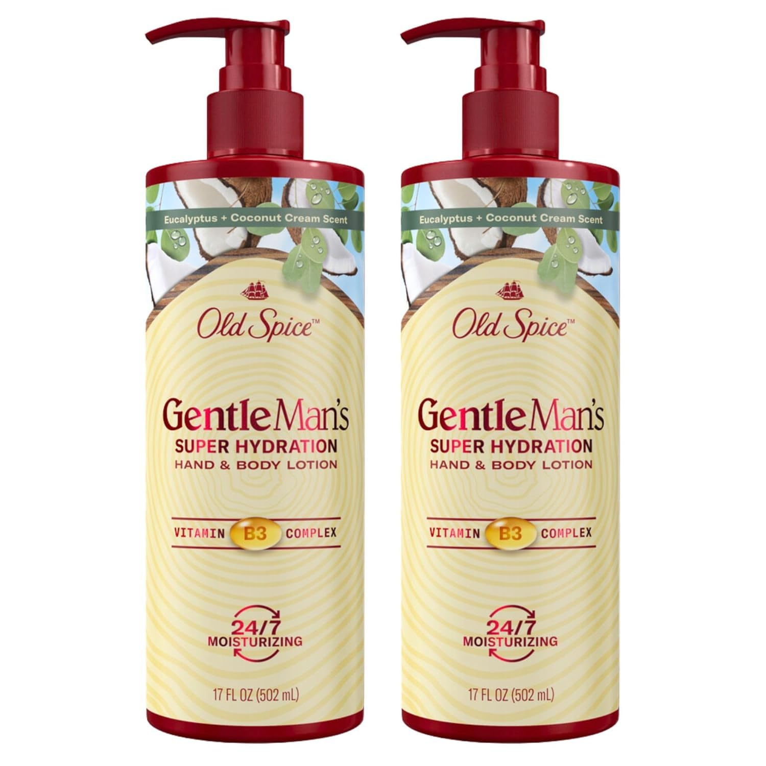 Old Spice Gentleman's Hand & Body Lotion bottle close-up highlighting 24/7 hydration.