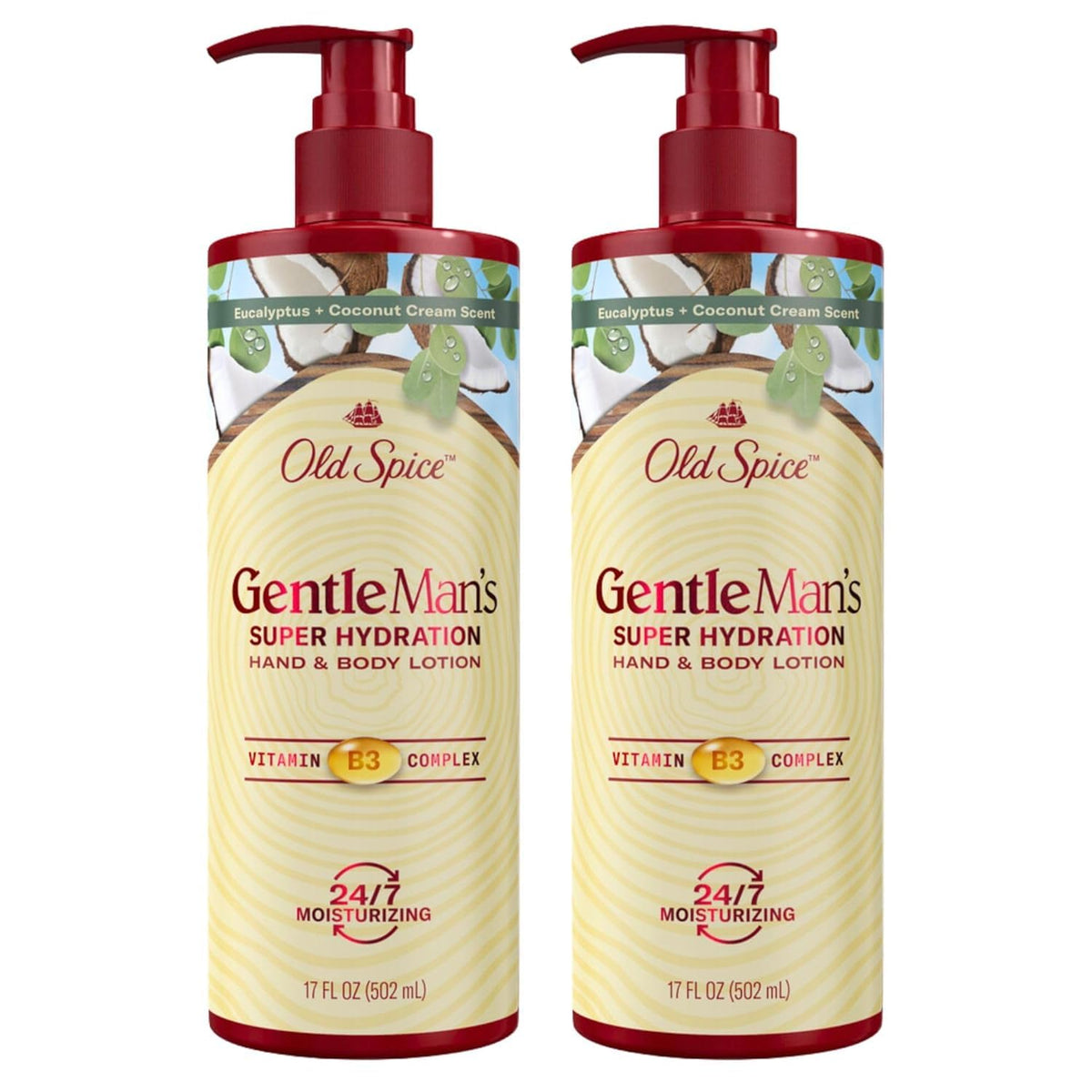 Old Spice Gentleman's Hand & Body Lotion bottle close-up highlighting 24/7 hydration.