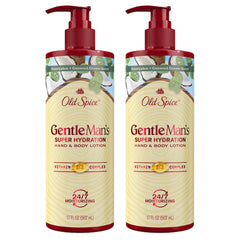 Old Spice Gentleman's Hand & Body Lotion bottle close-up highlighting 24/7 hydration.