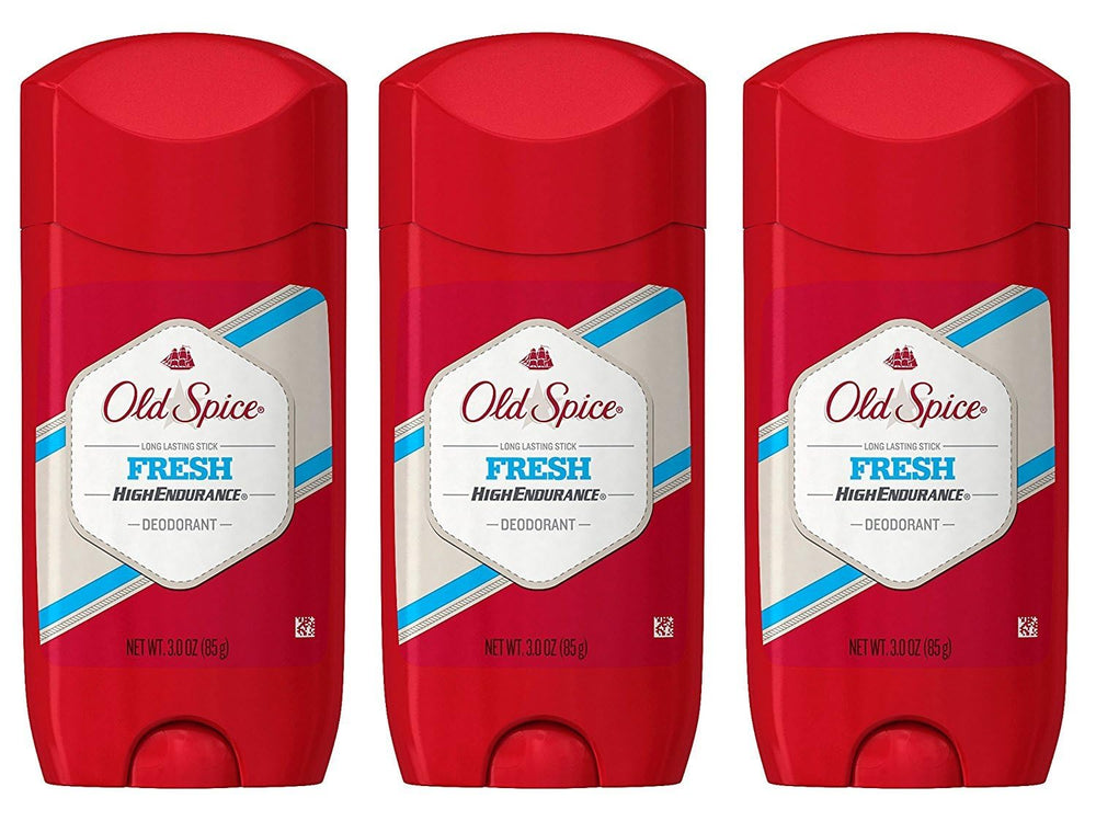Old Spice High Endurance Fresh deodorant stick close-up showing long-lasting protection.