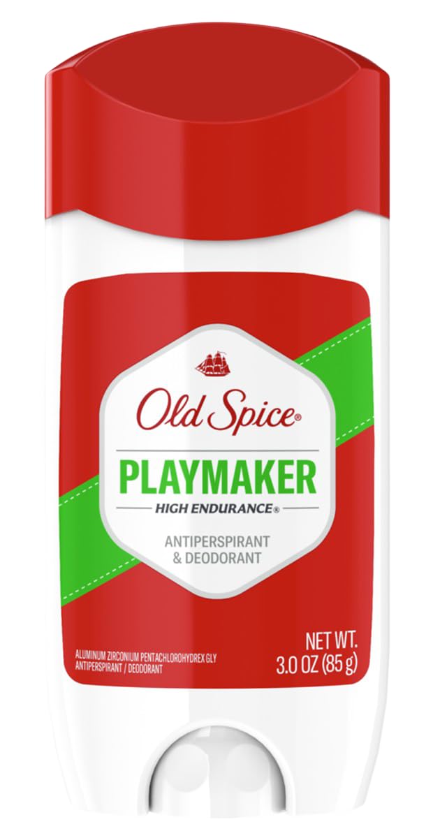 Old Spice High Endurance Playmaker sticks highlight long-lasting fragrance and dry feel.